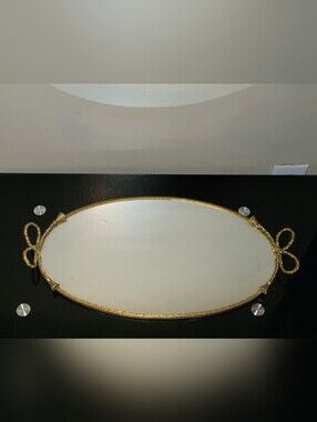 Vintage Gold Trim Oval Vanity  Serving Tray Mirror with Bow Handles 10.5x20"